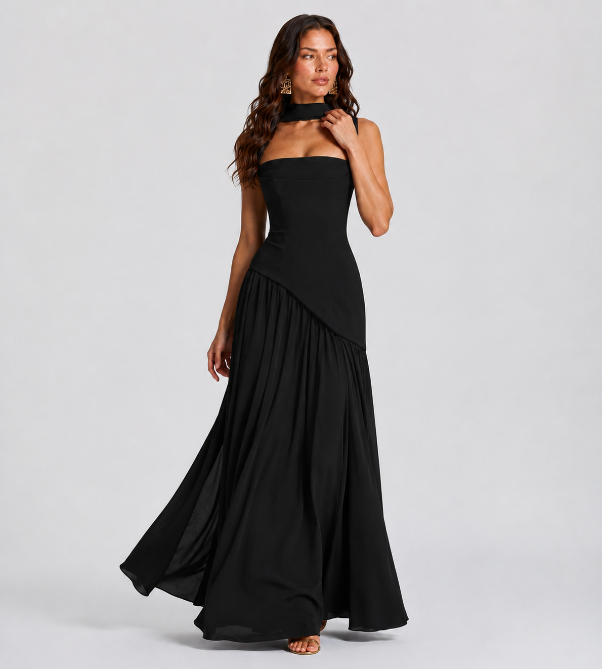 Draped Slit Maxi Dress - Black