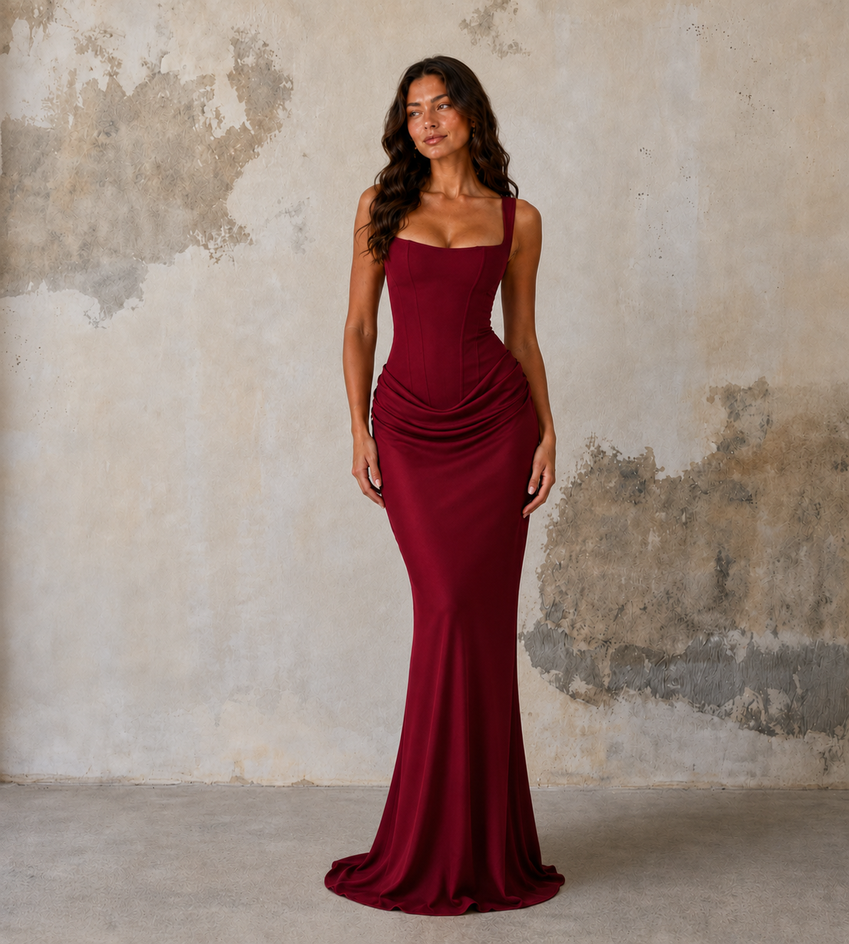 Cowl Drape Corset Maxi Dress - Red