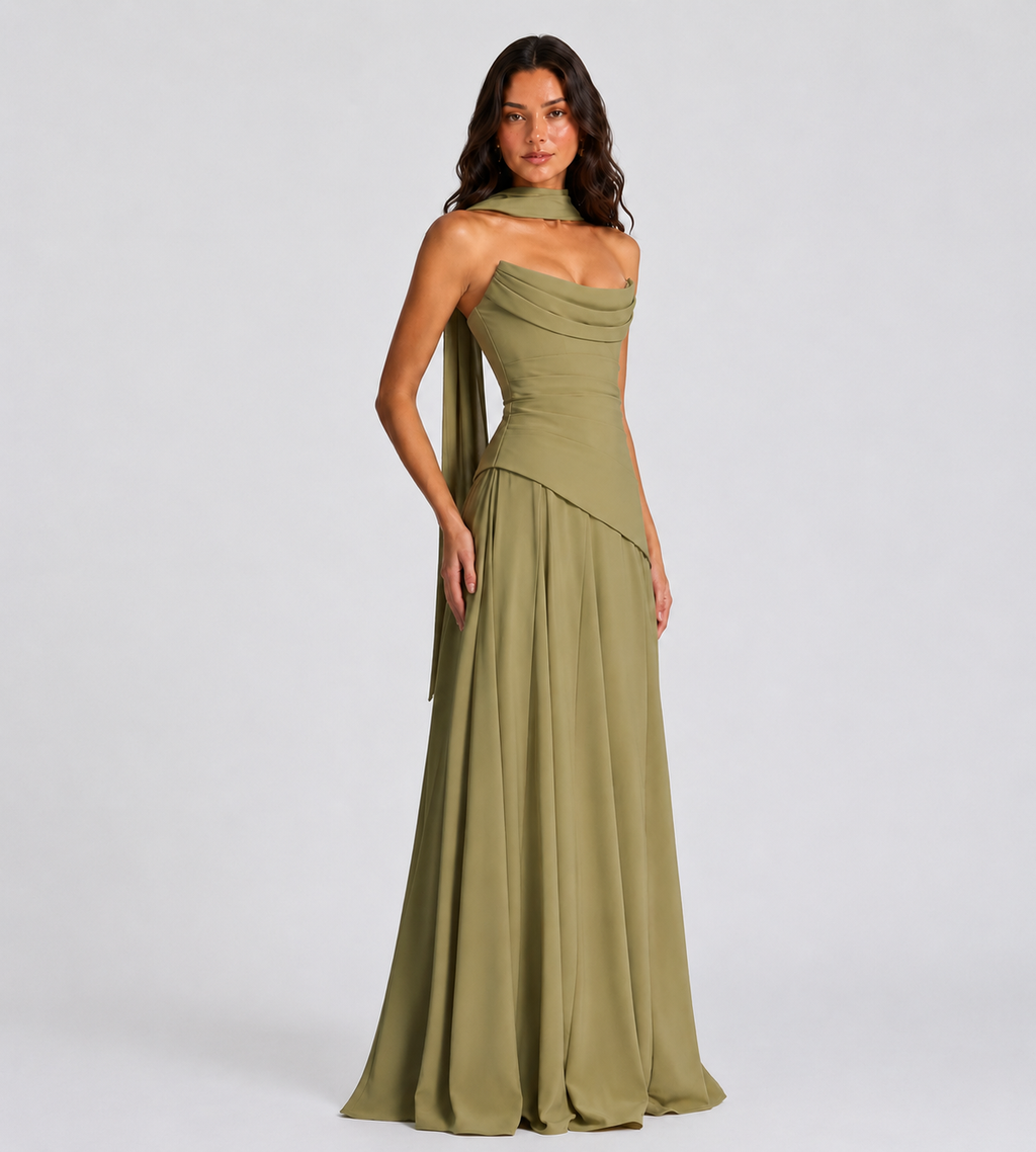 Strapless Scarf Drape Corset Maxi Dress - Sage Green
