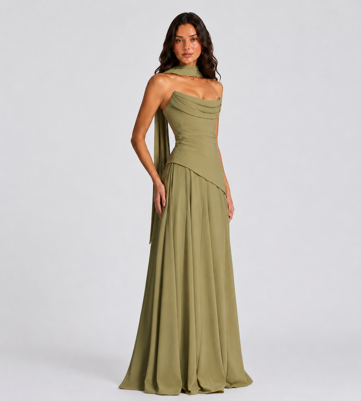 Strapless Scarf Drape Corset Maxi Dress - Sage Green