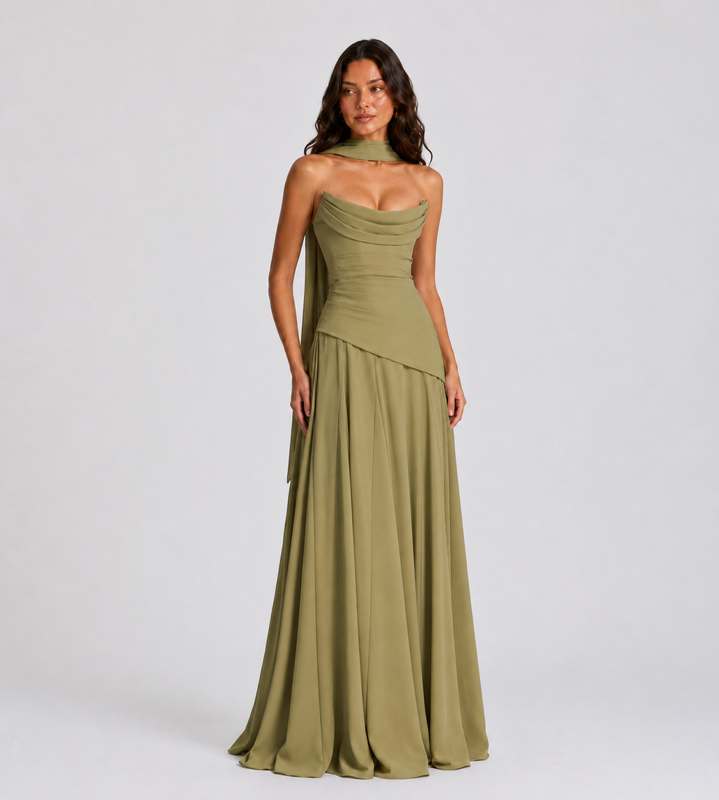 Strapless Scarf Drape Corset Maxi Dress - Sage Green