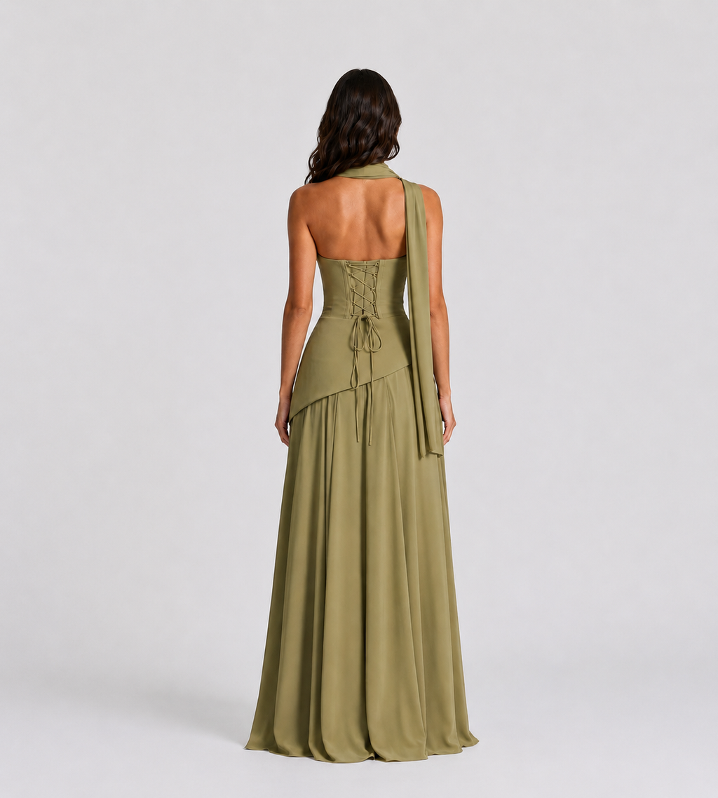 Strapless Scarf Drape Corset Maxi Dress - Sage Green