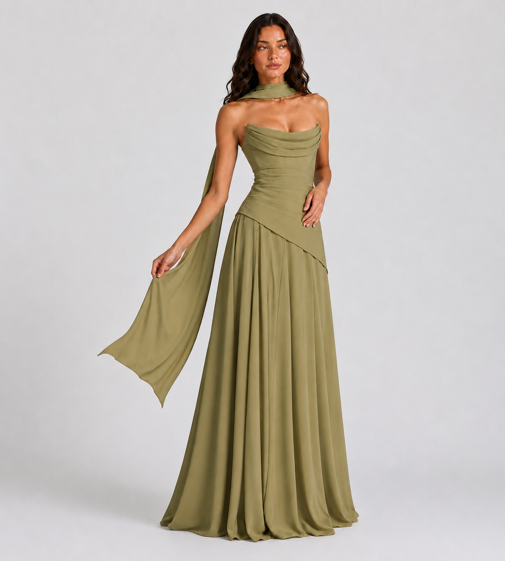 Strapless Scarf Drape Corset Maxi Dress - Sage Green