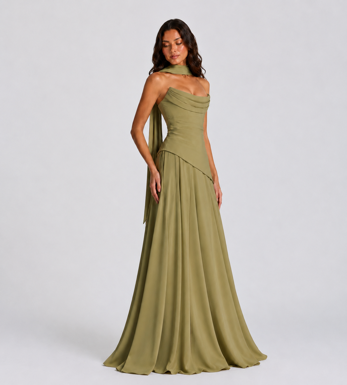 Strapless Scarf Drape Corset Maxi Dress - Sage Green