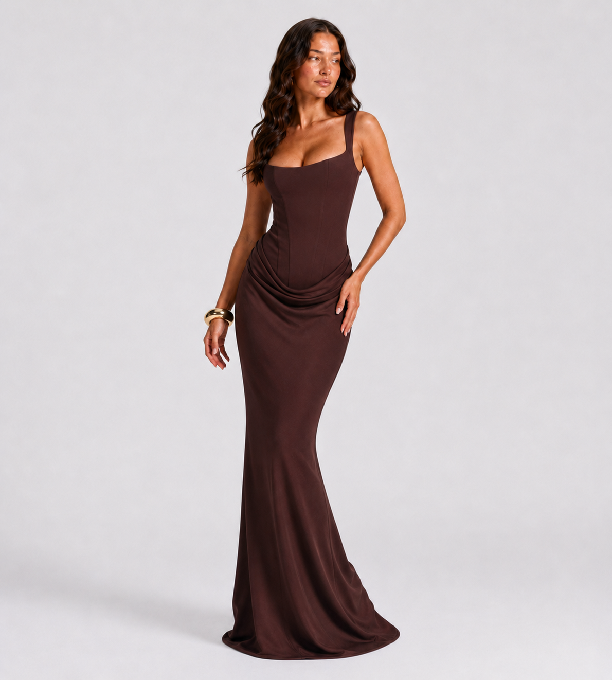 Cowl Drape Corset Maxi Dress - Brown
