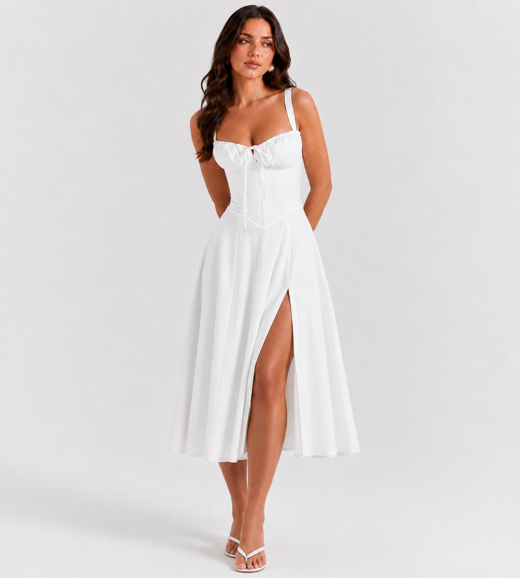 Ruched Corset Slit Midi Dress - White
