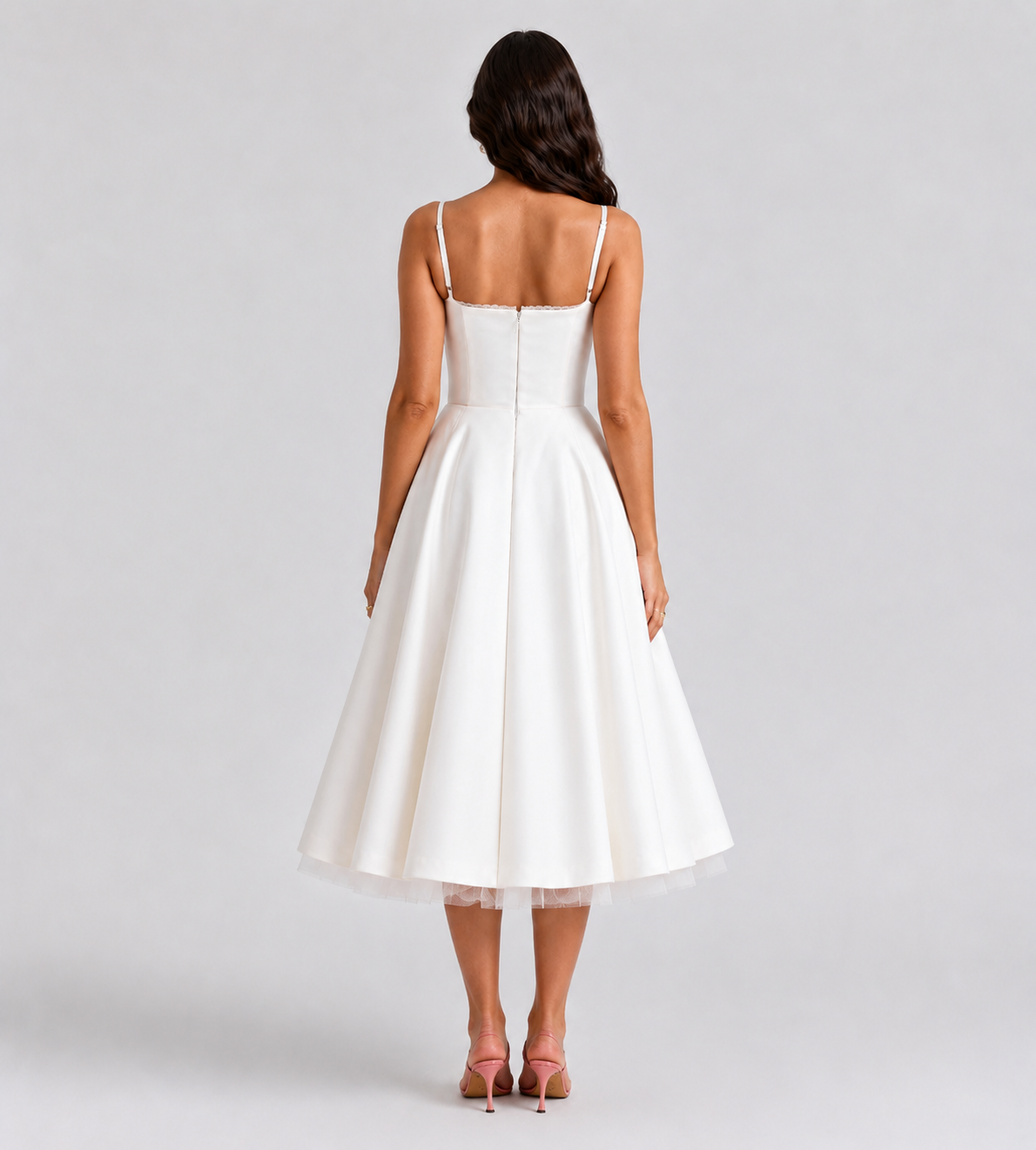 Corset Tulle Midi Dress with Pockets - White