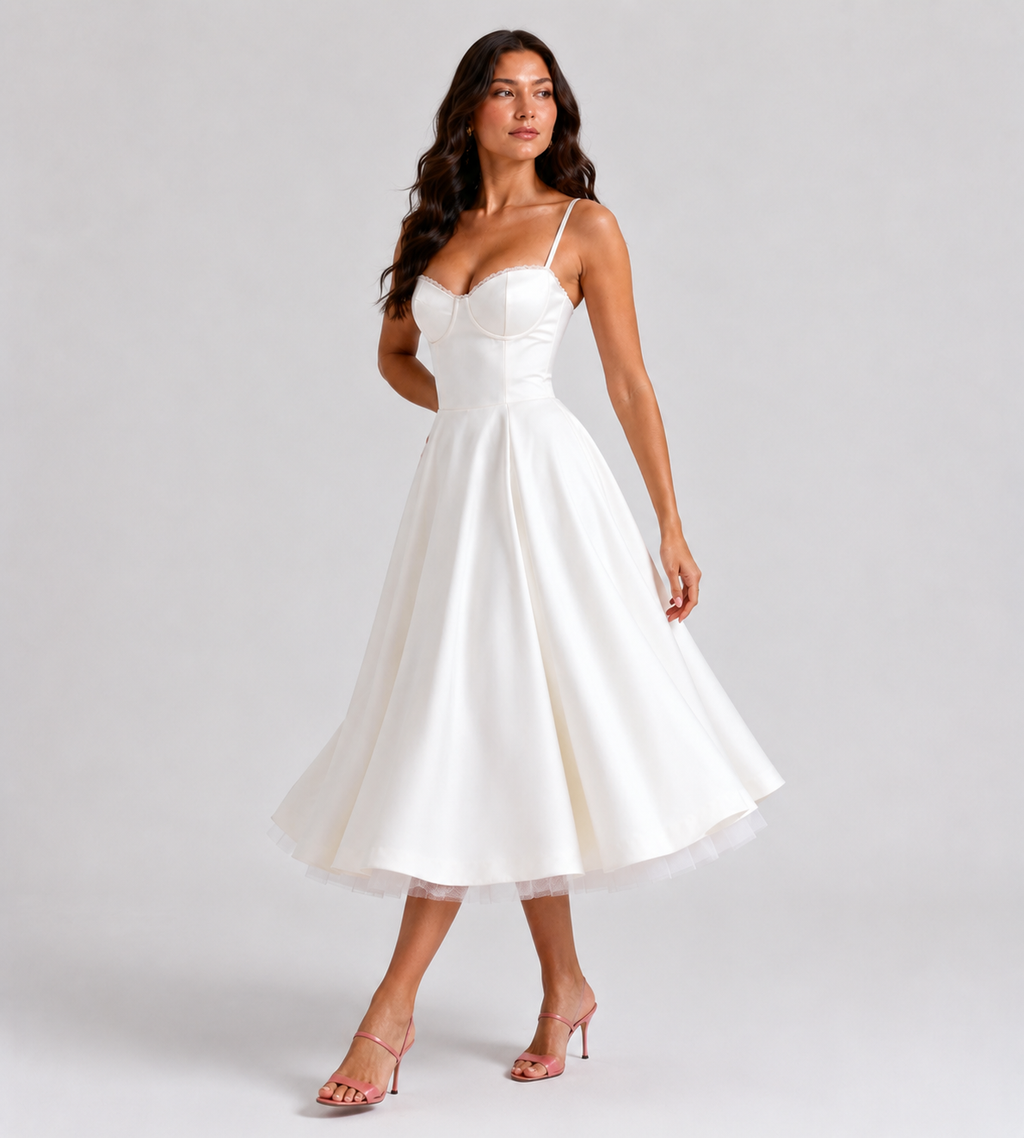 Corset Tulle Midi Dress with Pockets - White