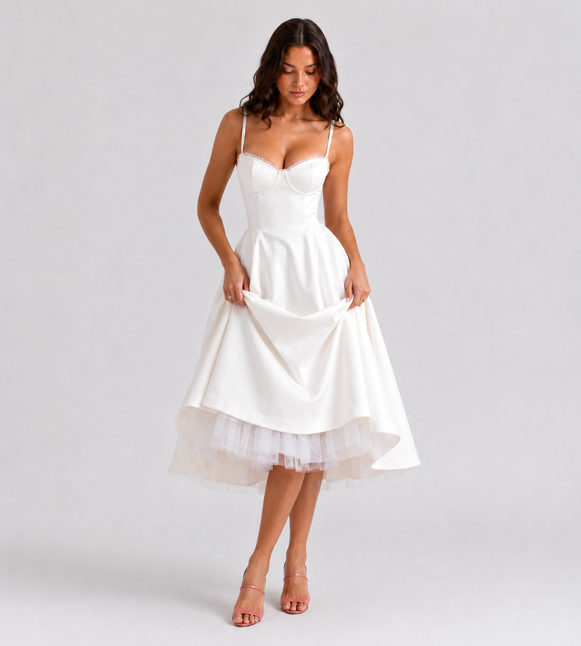 Corset Tulle Midi Dress with Pockets - White