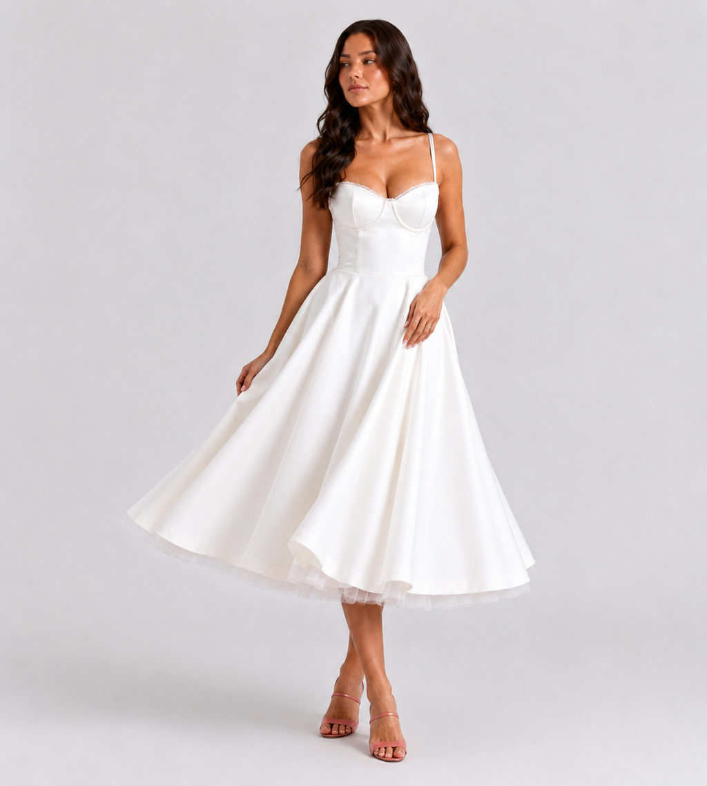 Corset Tulle Midi Dress with Pockets - White