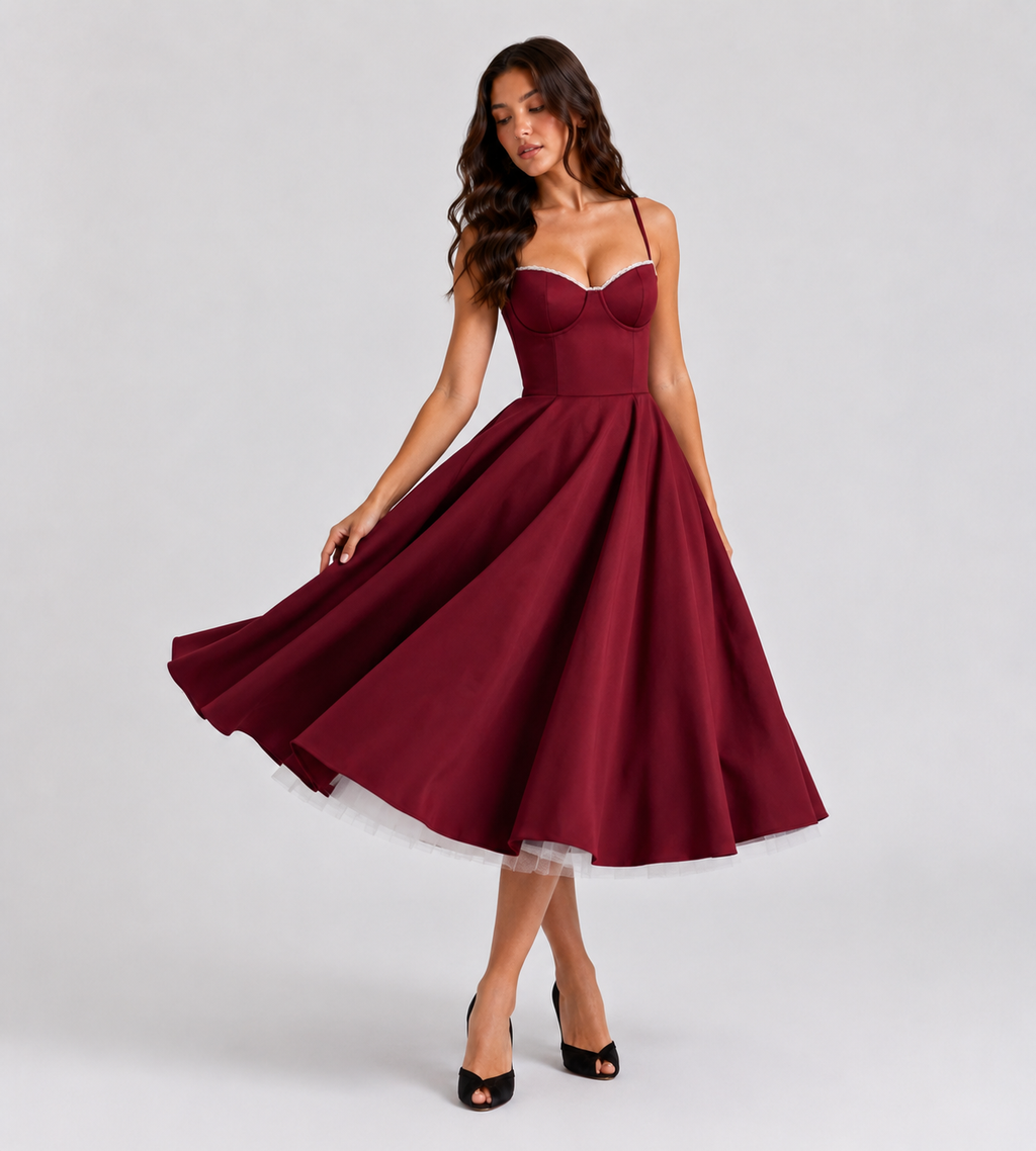 Corset Tulle Midi Dress with Pockets - Red