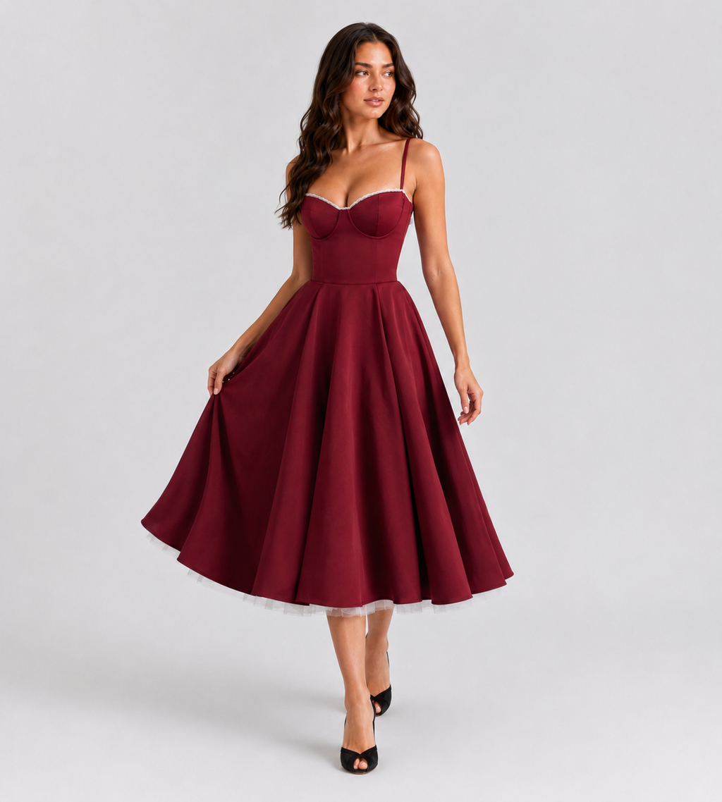 Corset Tulle Midi Dress with Pockets - Red