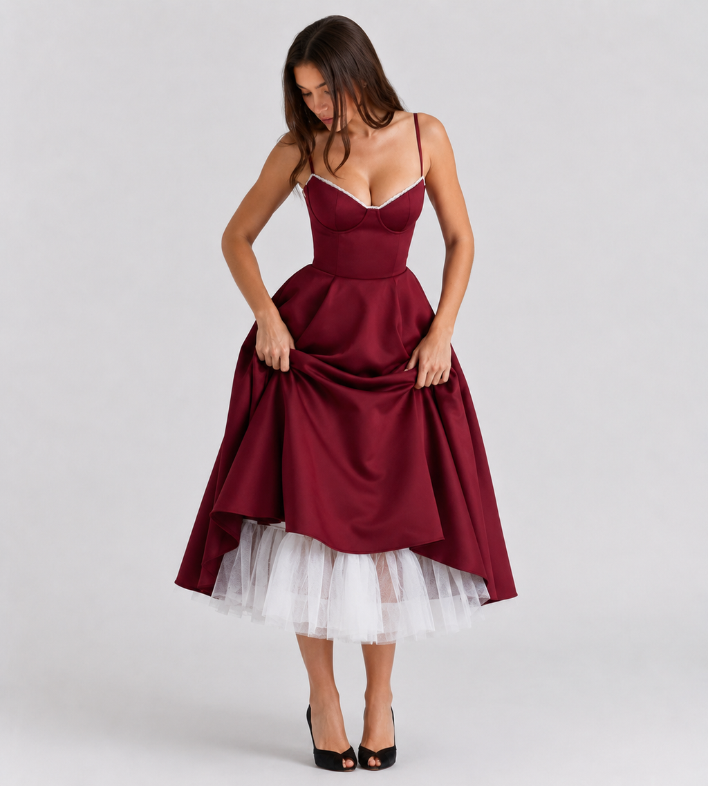 Corset Tulle Midi Dress with Pockets - Red
