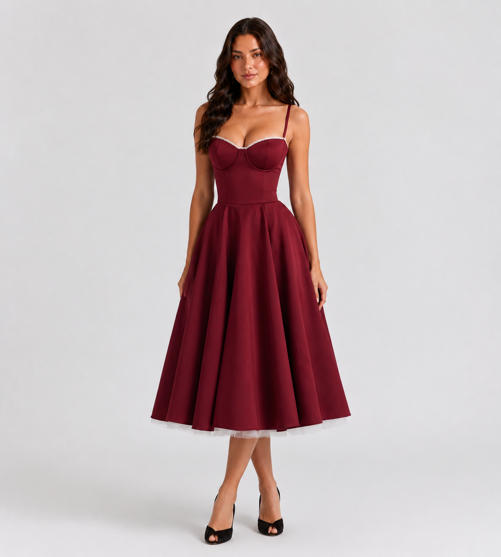 Corset Tulle Midi Dress with Pockets - Red