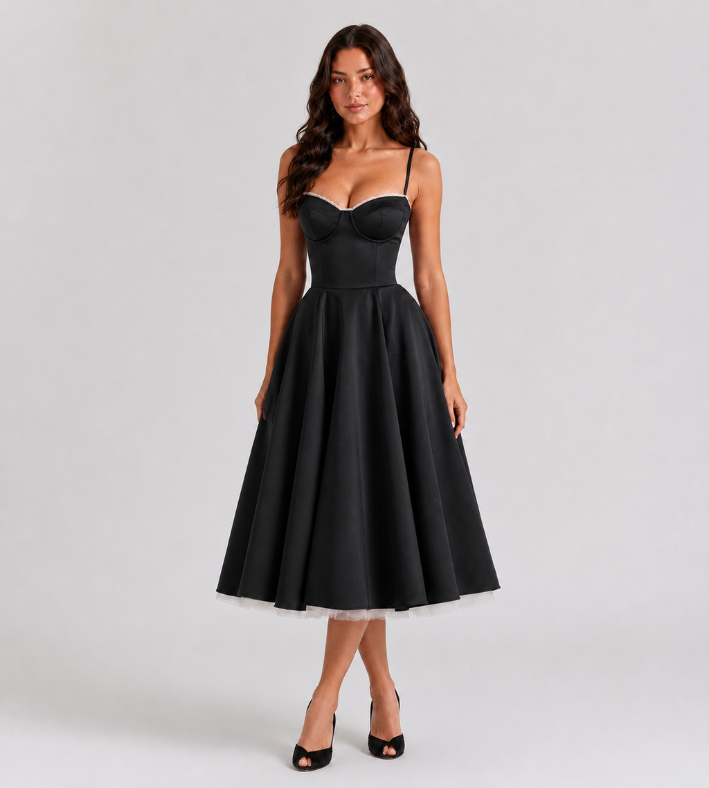 Corset Tulle Midi Dress with Pockets - Black