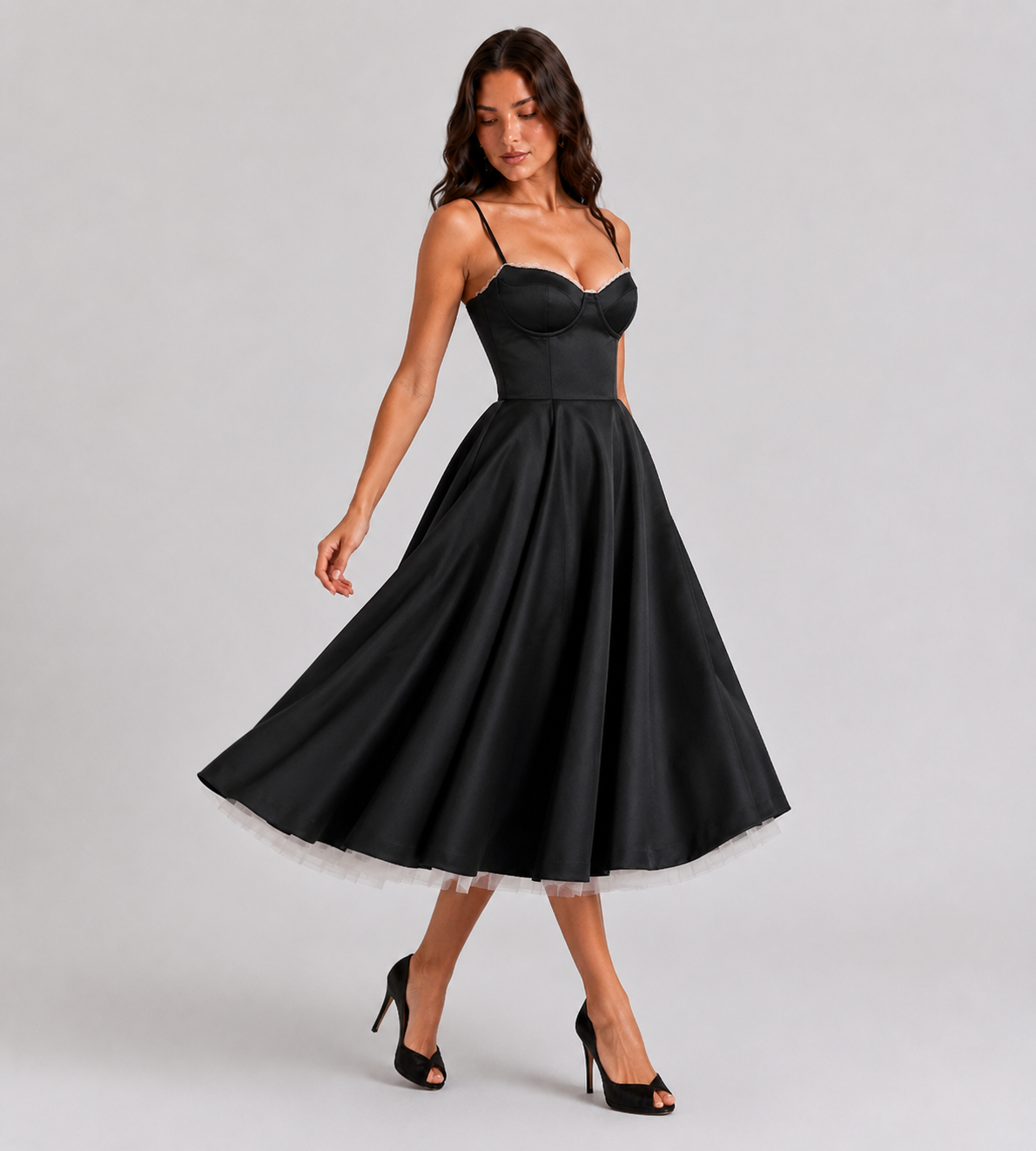 Corset Tulle Midi Dress with Pockets - Black
