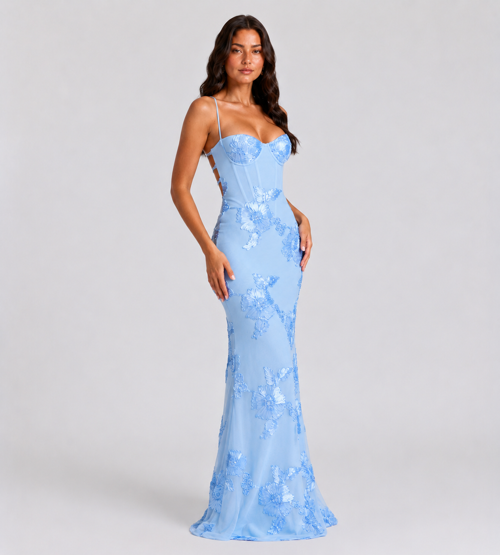 Floral Appliqué Corset Maxi Dress - Blue