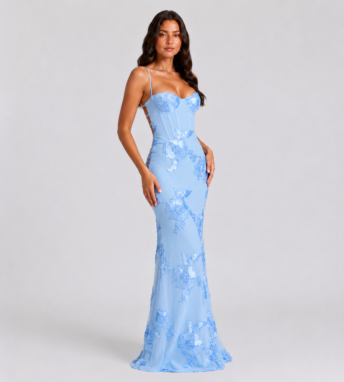 Floral Appliqué Corset Maxi Dress - Blue