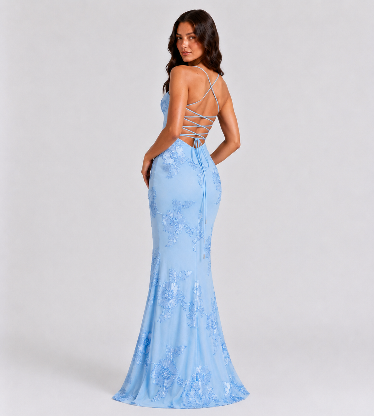 Floral Appliqué Corset Maxi Dress - Blue