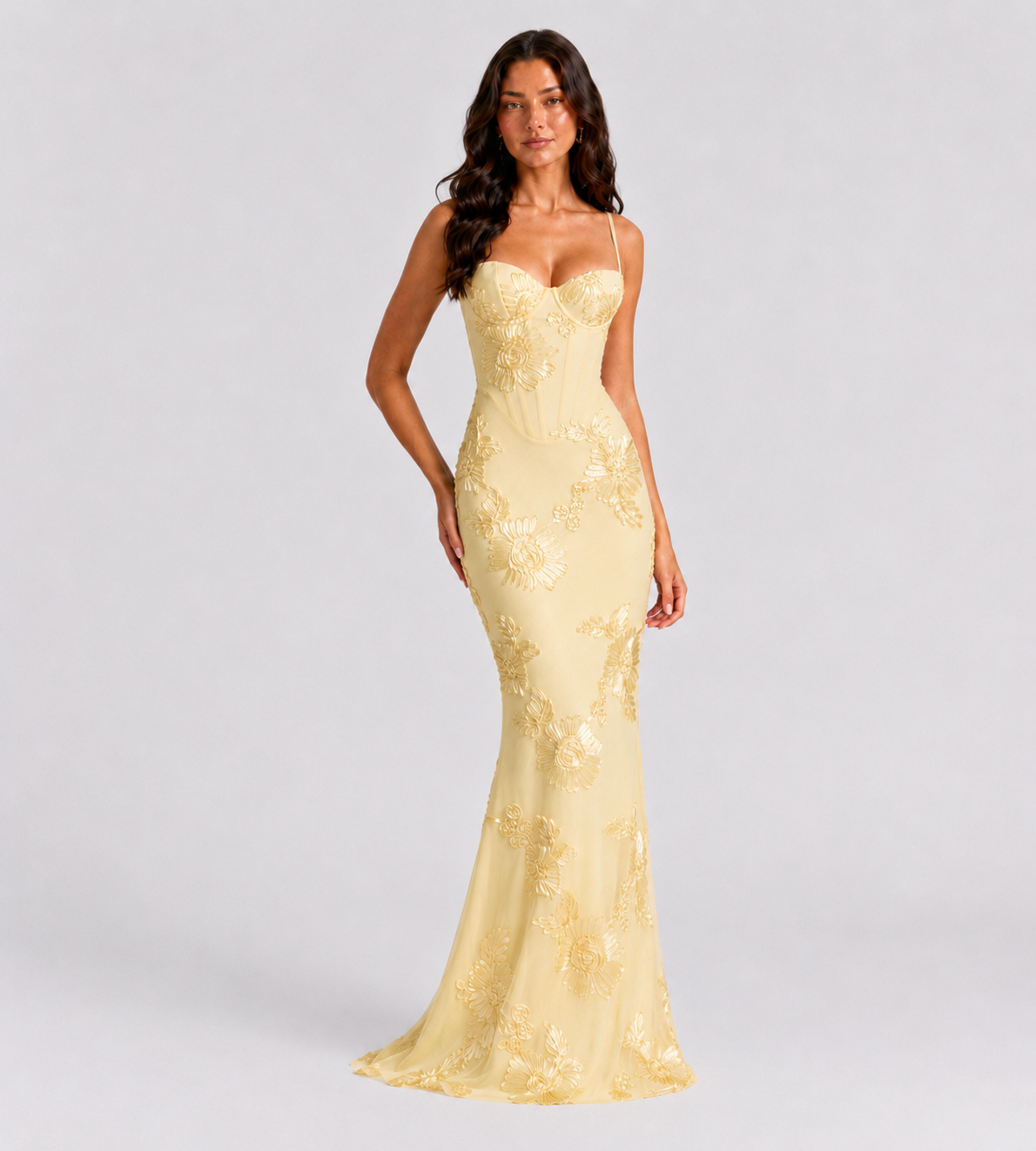 Floral Appliqué Corset Maxi Dress - Lemon