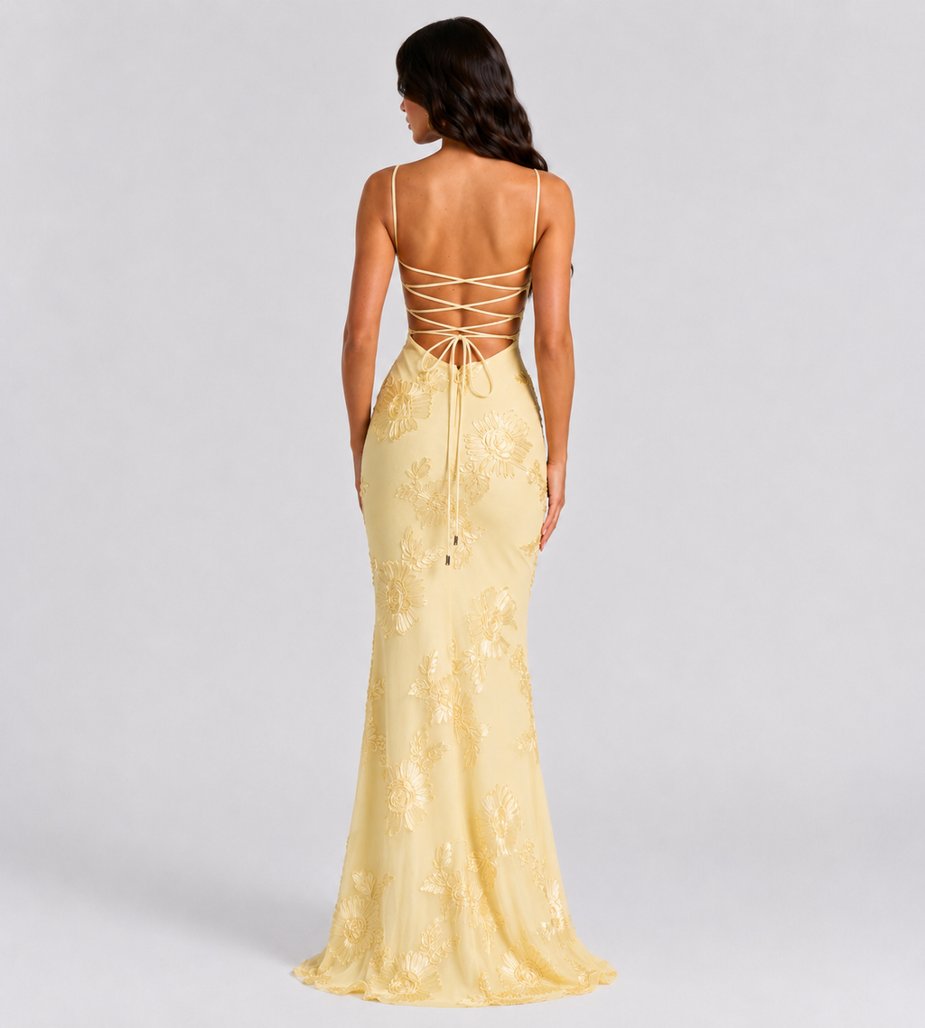 Floral Appliqué Corset Maxi Dress - Lemon
