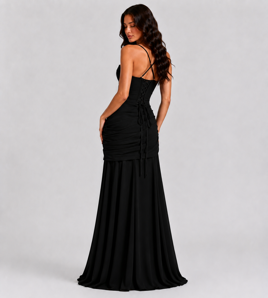Square Neck Draped Corset Maxi Dress - Black