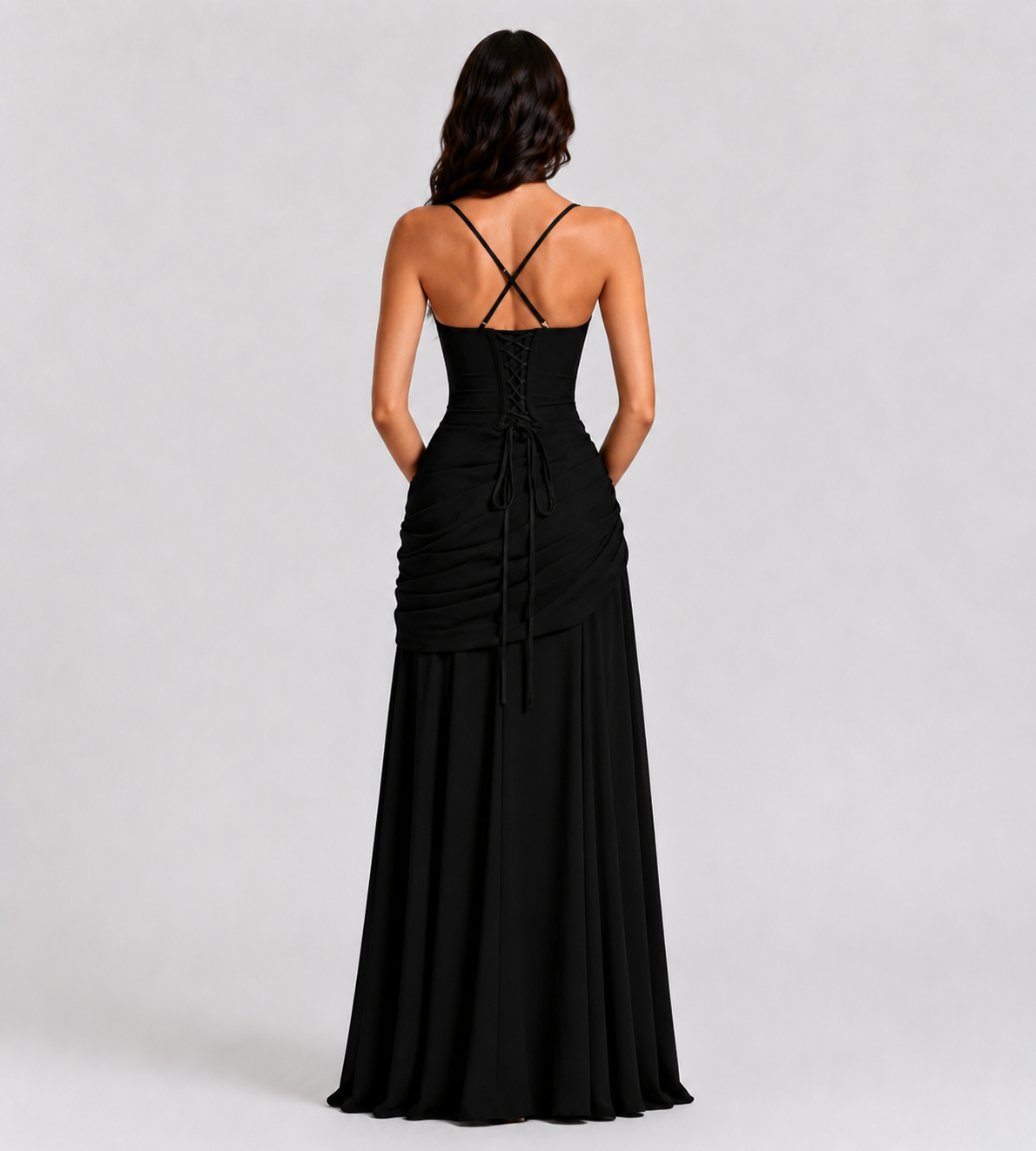 Square Neck Draped Corset Maxi Dress - Black