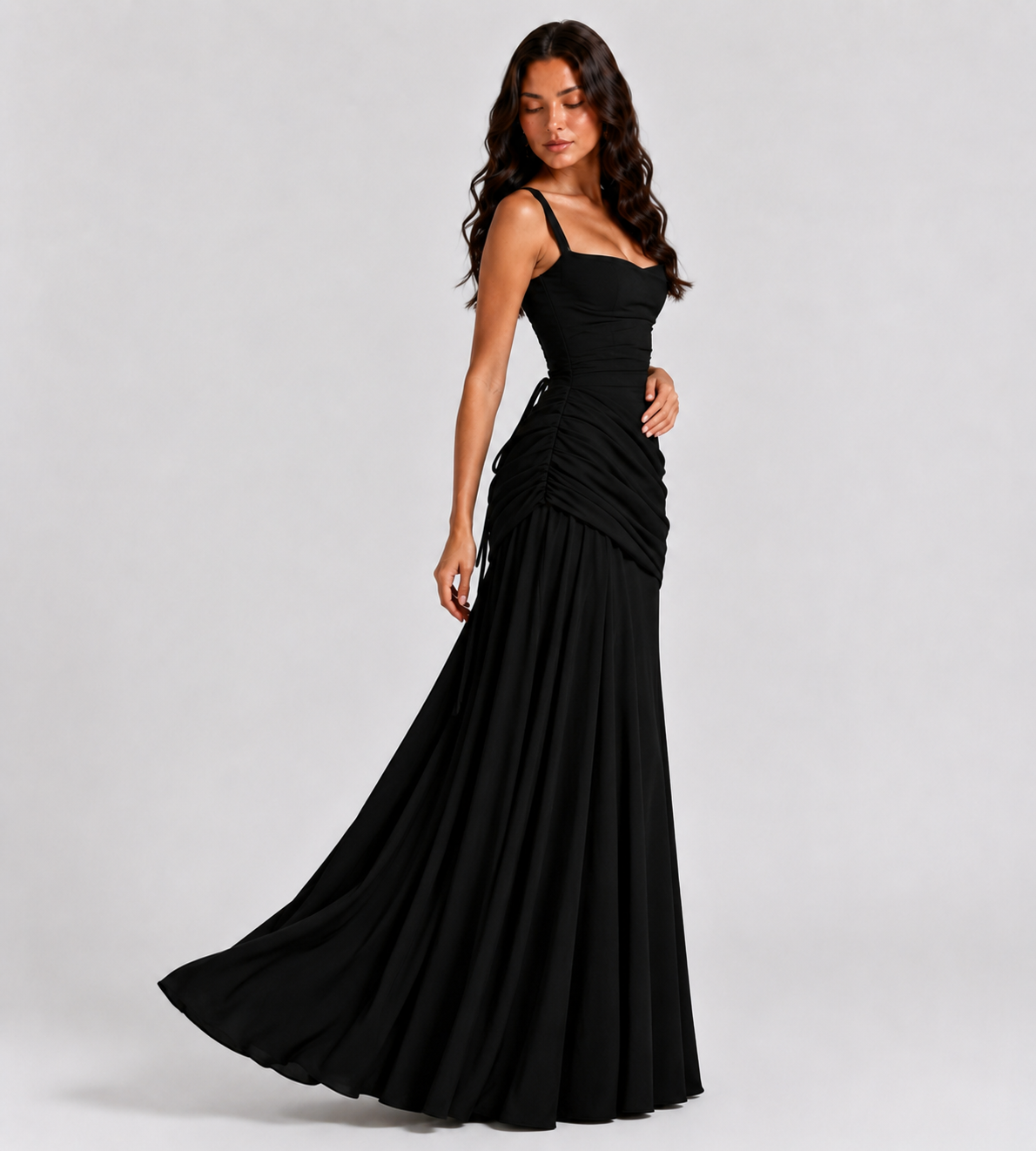 Square Neck Draped Corset Maxi Dress - Black