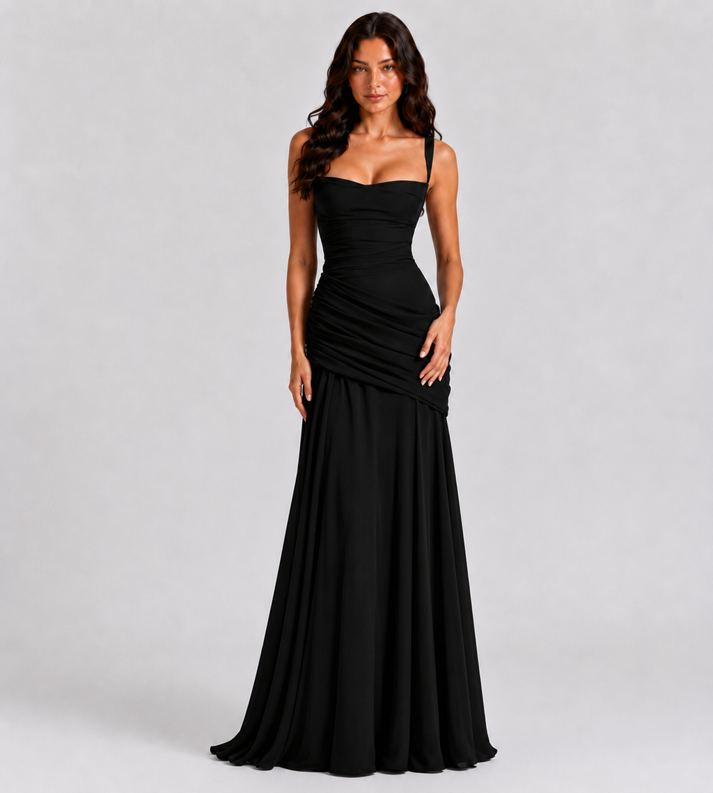 Square Neck Draped Corset Maxi Dress - Black