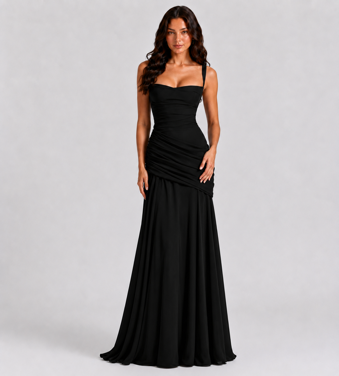 Square Neck Draped Corset Maxi Dress - Black