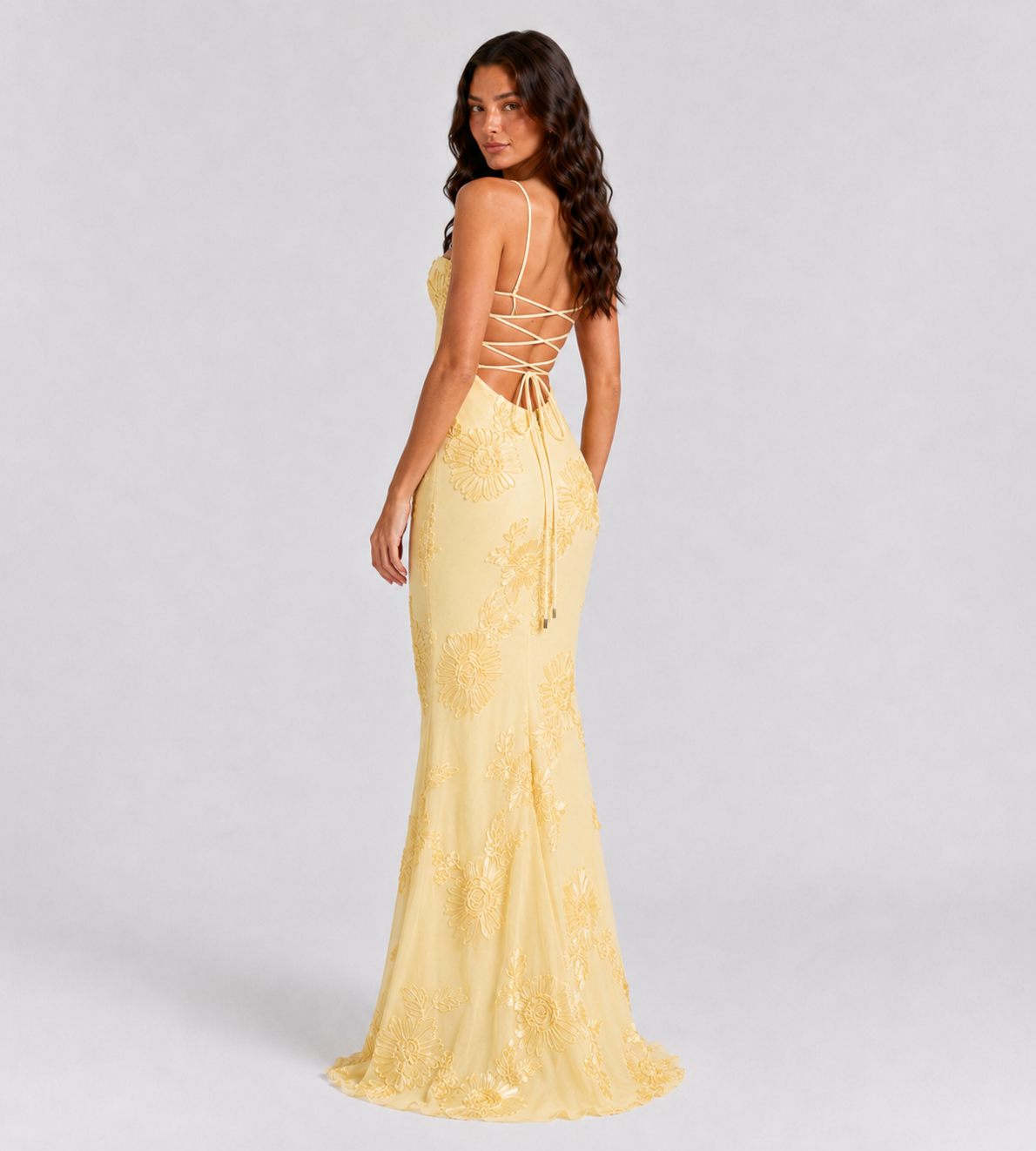Floral Appliqué Corset Maxi Dress - Lemon