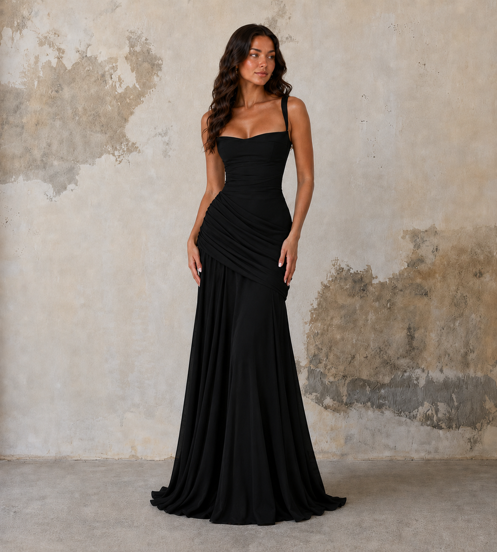 Square Neck Draped Corset Maxi Dress - Black