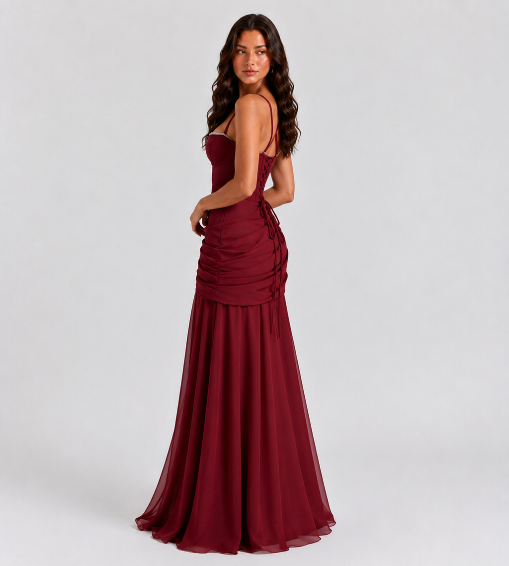 Square Neck Draped Corset Maxi Dress - Red