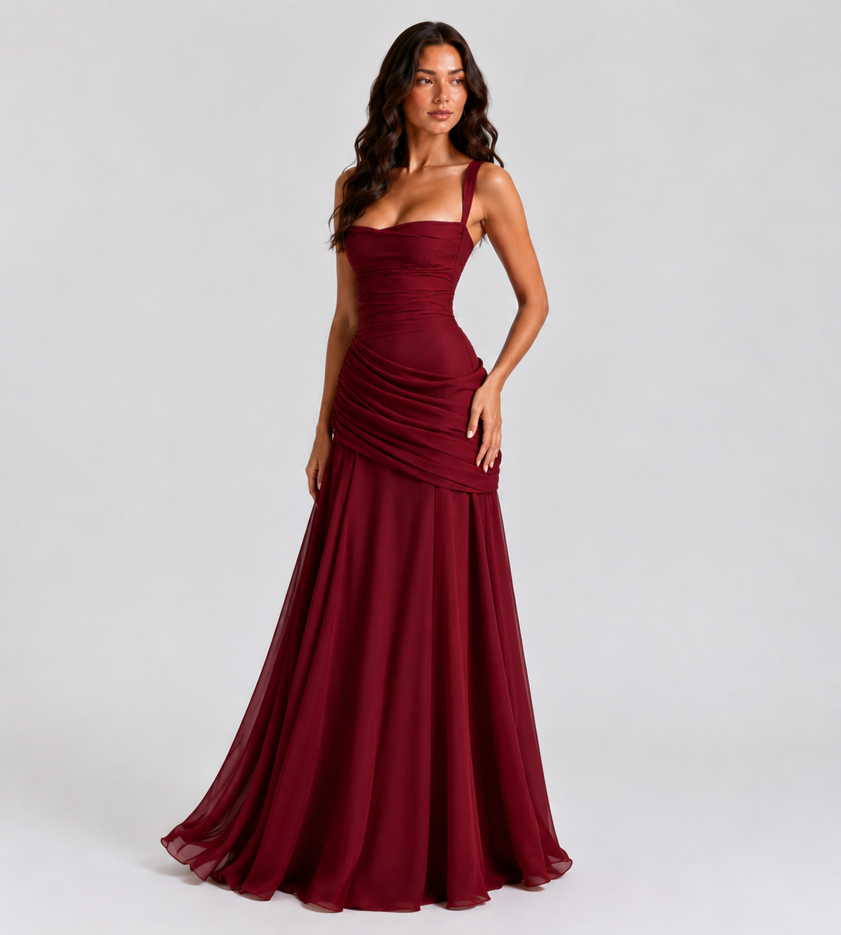 Square Neck Draped Corset Maxi Dress - Red