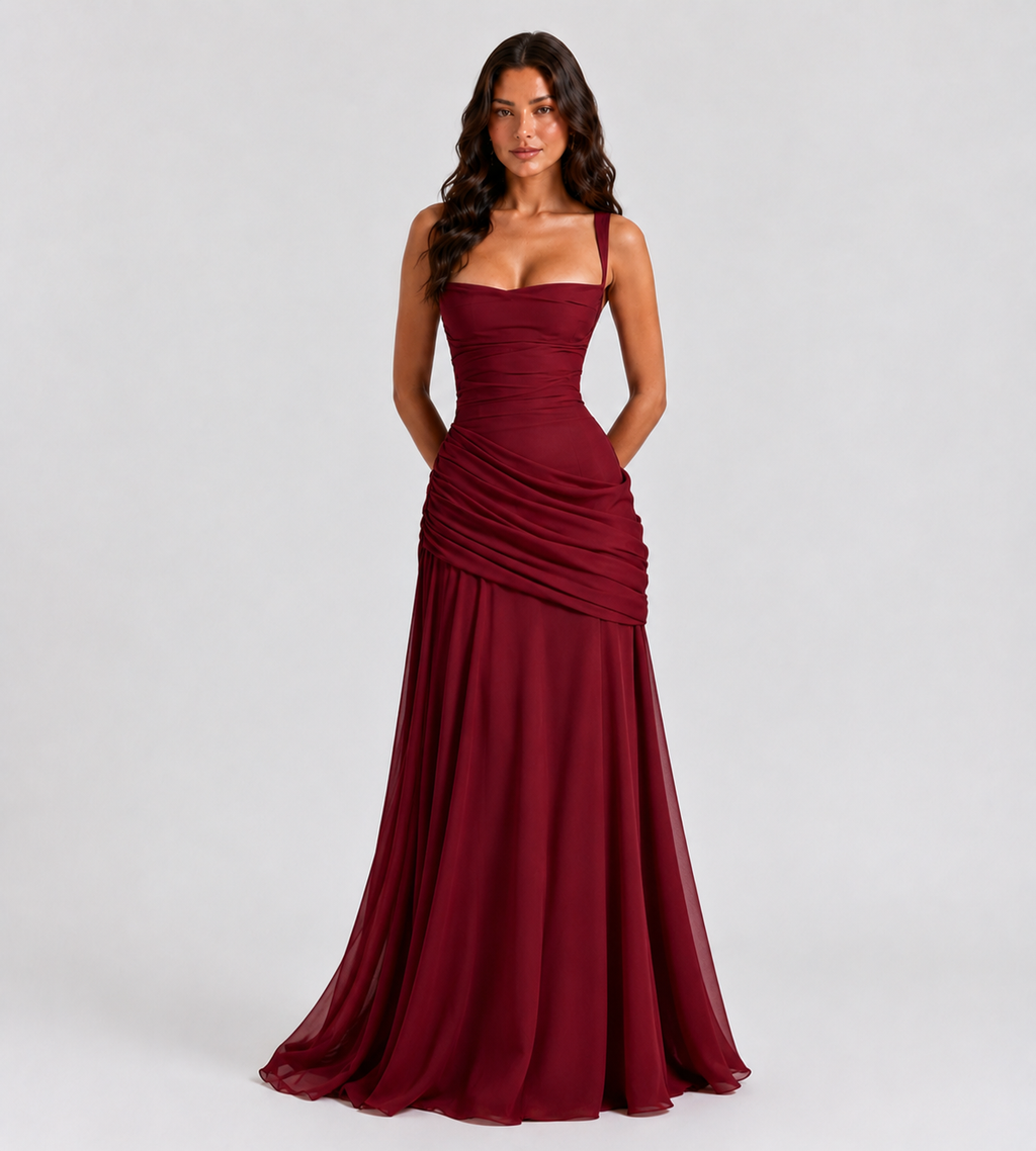 Square Neck Draped Corset Maxi Dress - Red