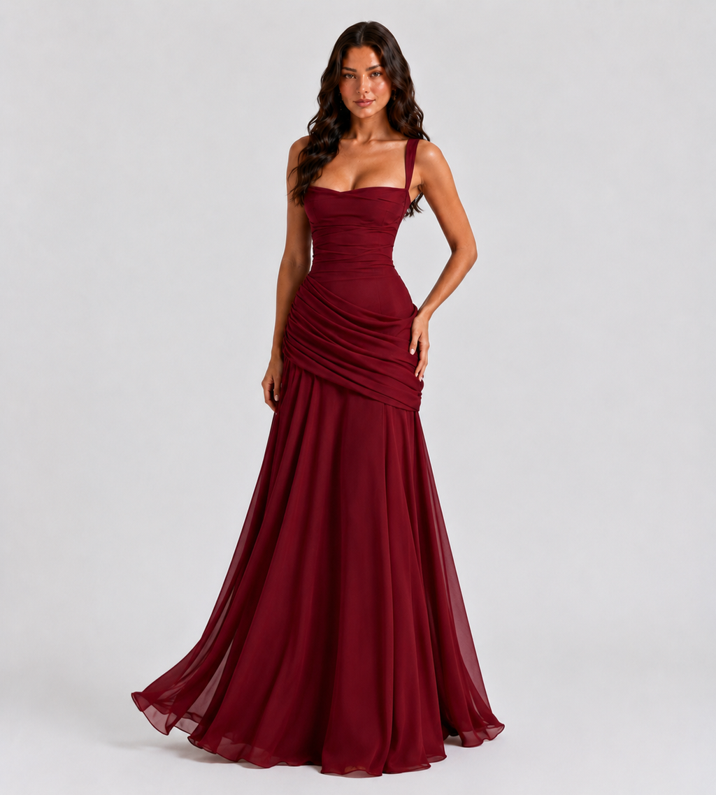 Square Neck Draped Corset Maxi Dress - Red