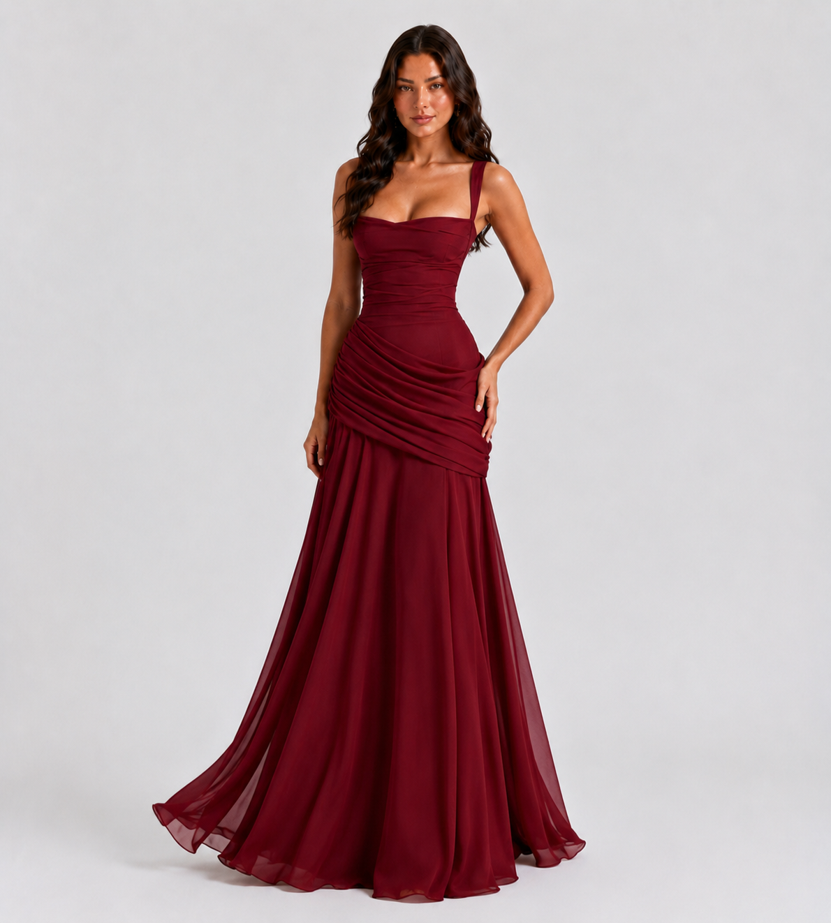 Square Neck Draped Corset Maxi Dress - Red