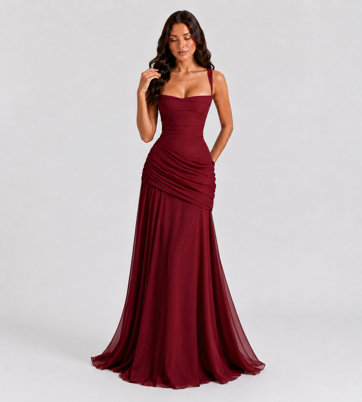 Square Neck Draped Corset Maxi Dress - Red