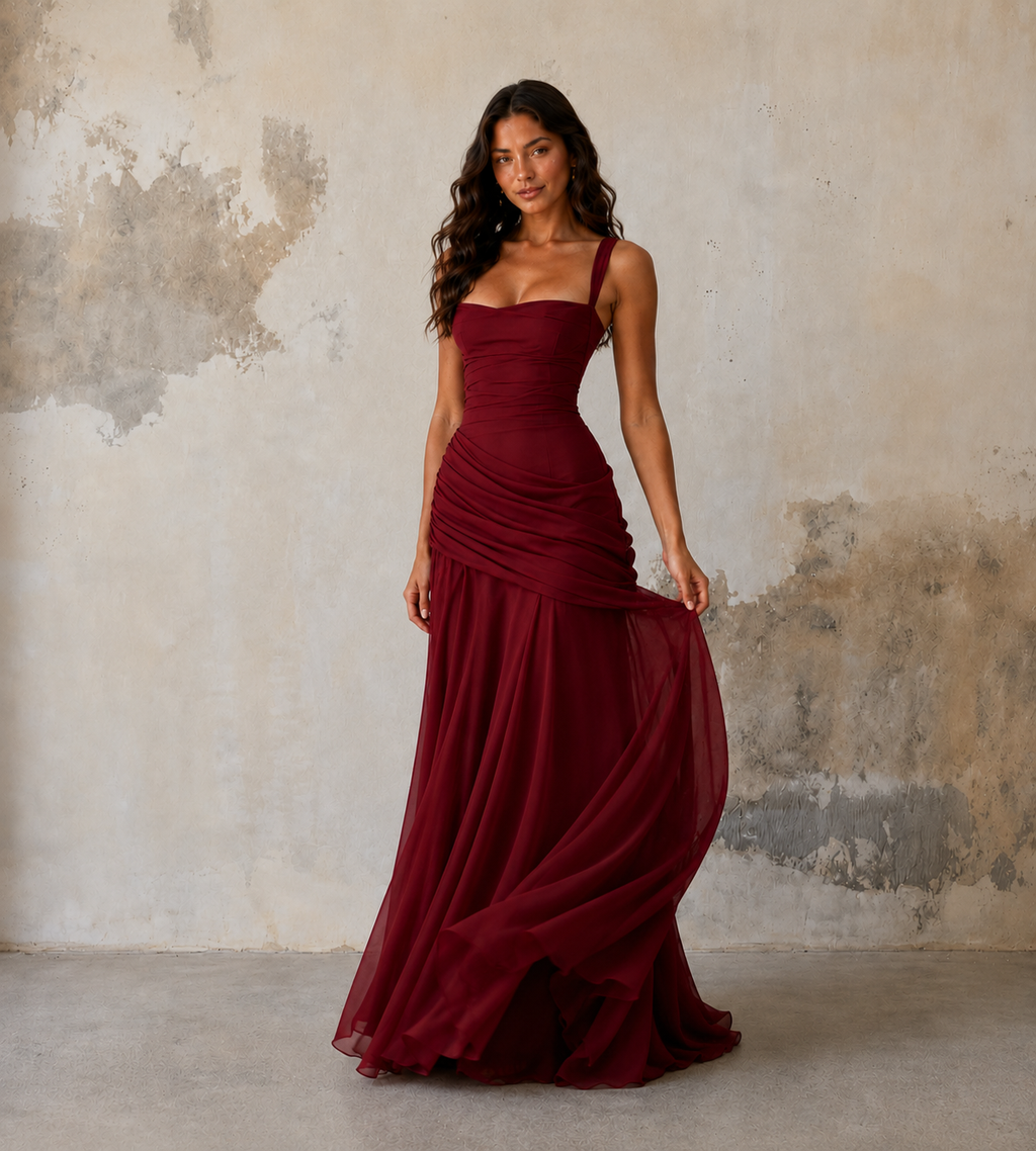 Square Neck Draped Corset Maxi Dress - Red