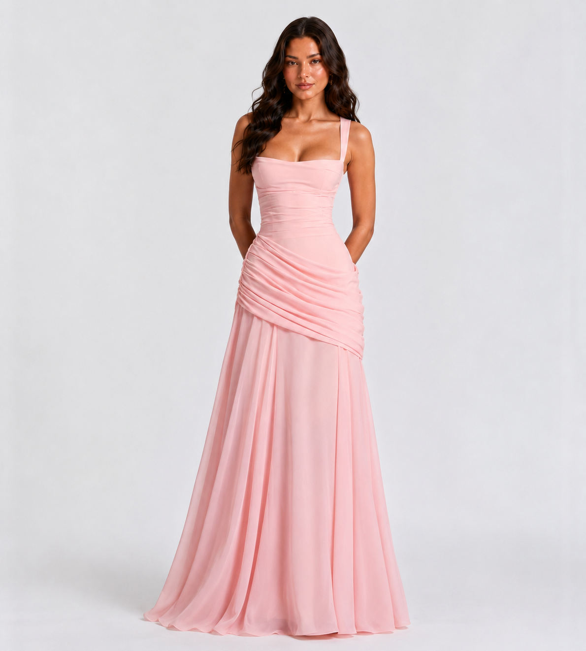 Square Neck Draped Corset Maxi Dress - Pink