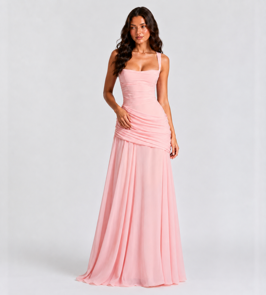 Square Neck Draped Corset Maxi Dress - Pink