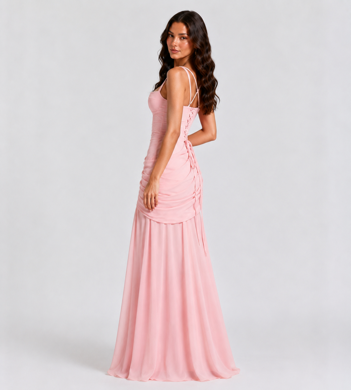 Square Neck Draped Corset Maxi Dress - Pink