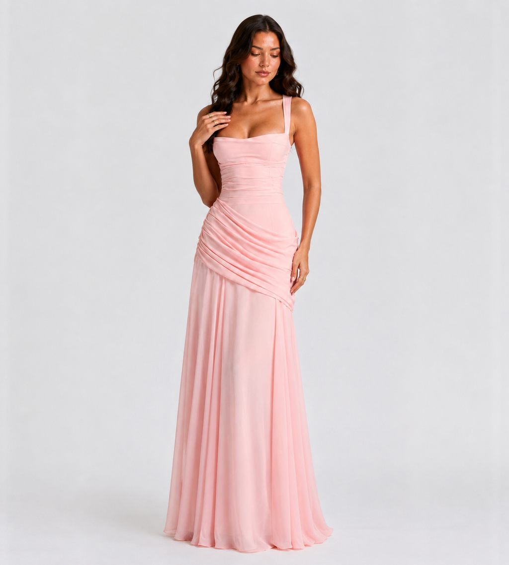 Square Neck Draped Corset Maxi Dress - Pink