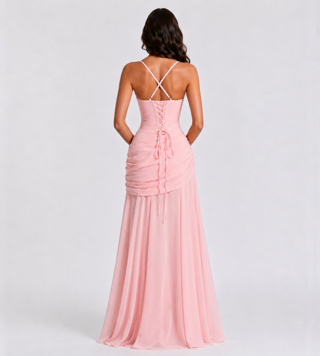 Square Neck Draped Corset Maxi Dress - Pink