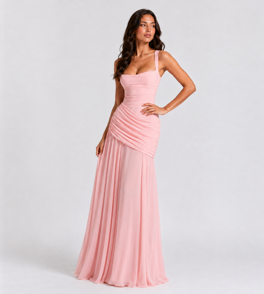 Square Neck Draped Corset Maxi Dress - Pink