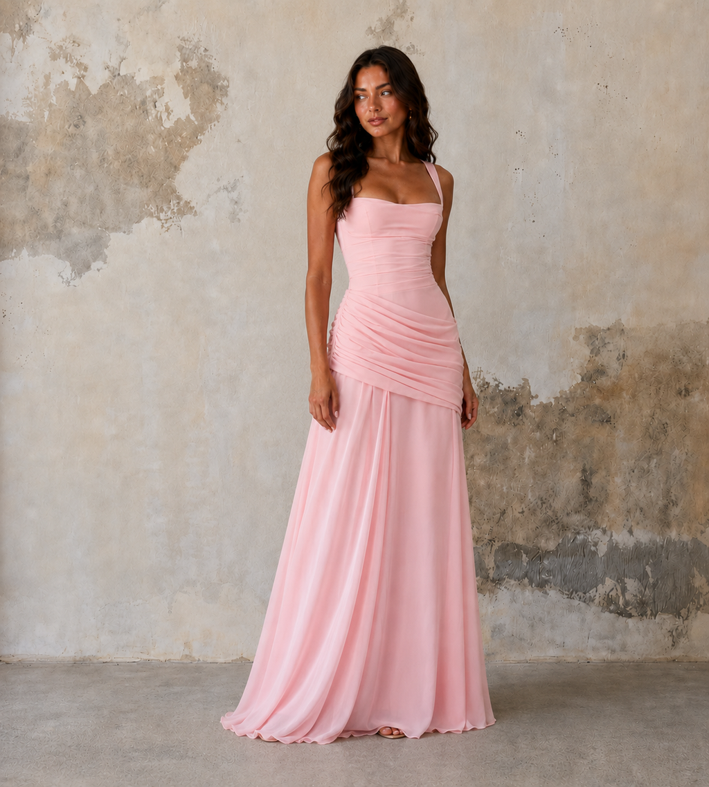 Square Neck Draped Corset Maxi Dress - Pink