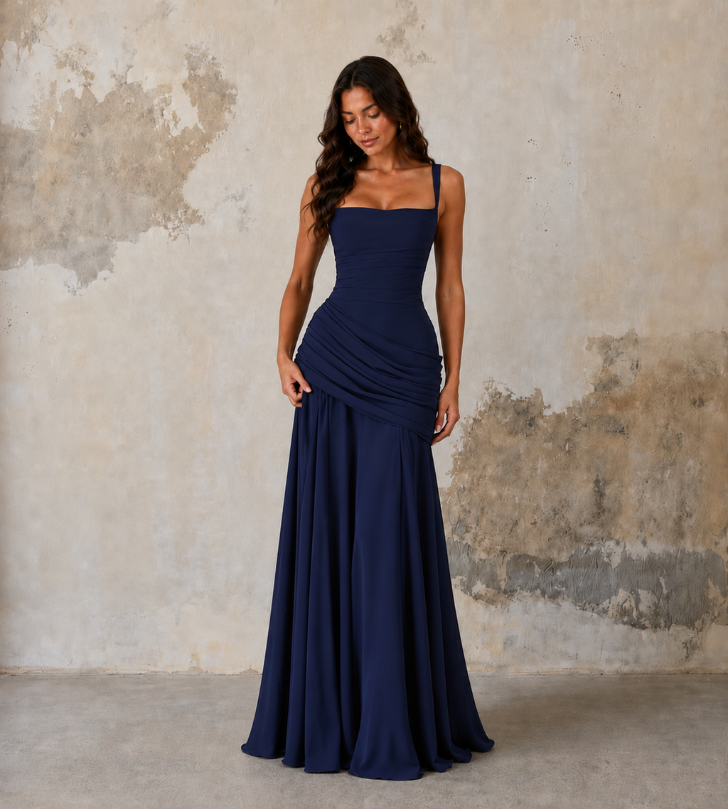 Square Neck Draped Corset Maxi Dress - Navy