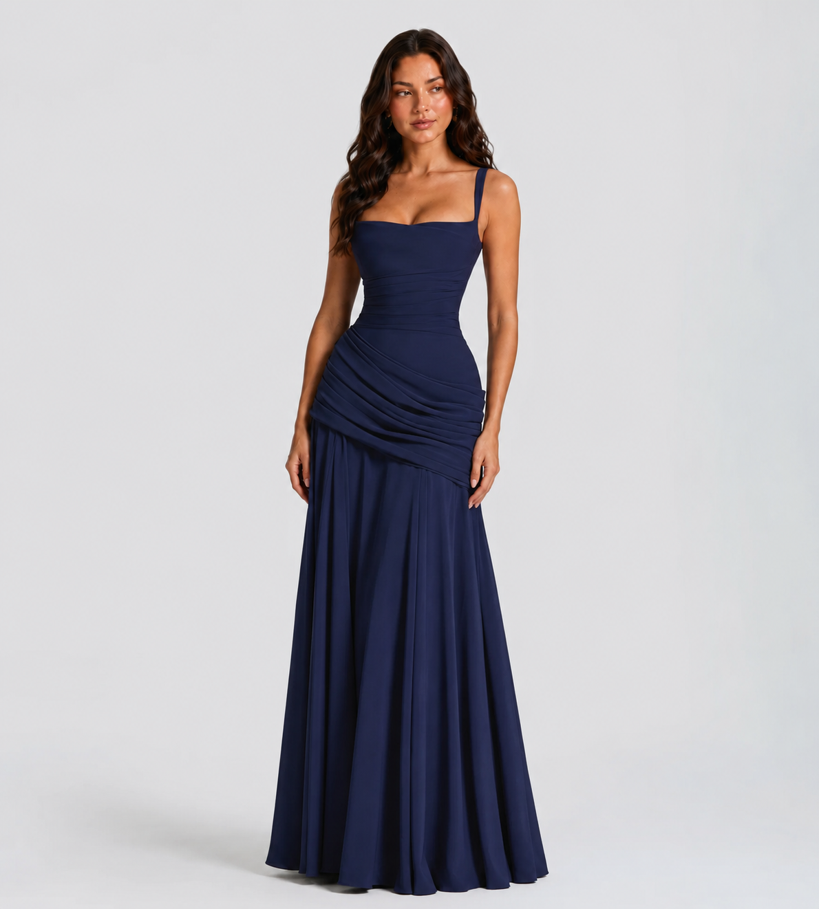 Square Neck Draped Corset Maxi Dress - Navy