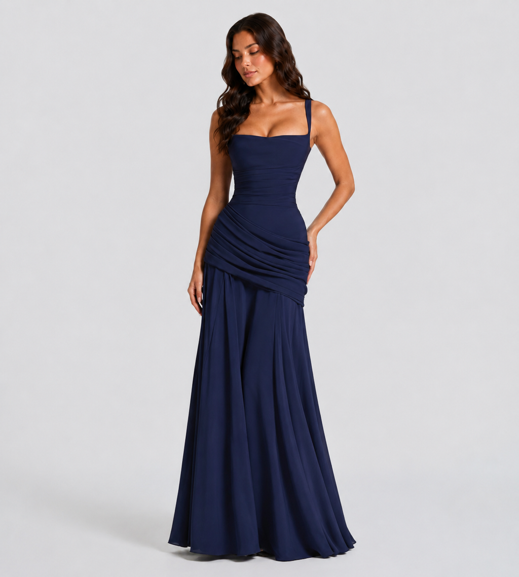 Square Neck Draped Corset Maxi Dress - Navy