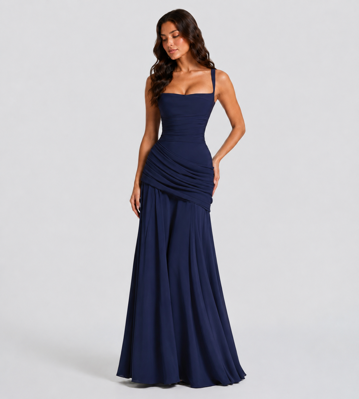 Square Neck Draped Corset Maxi Dress - Navy